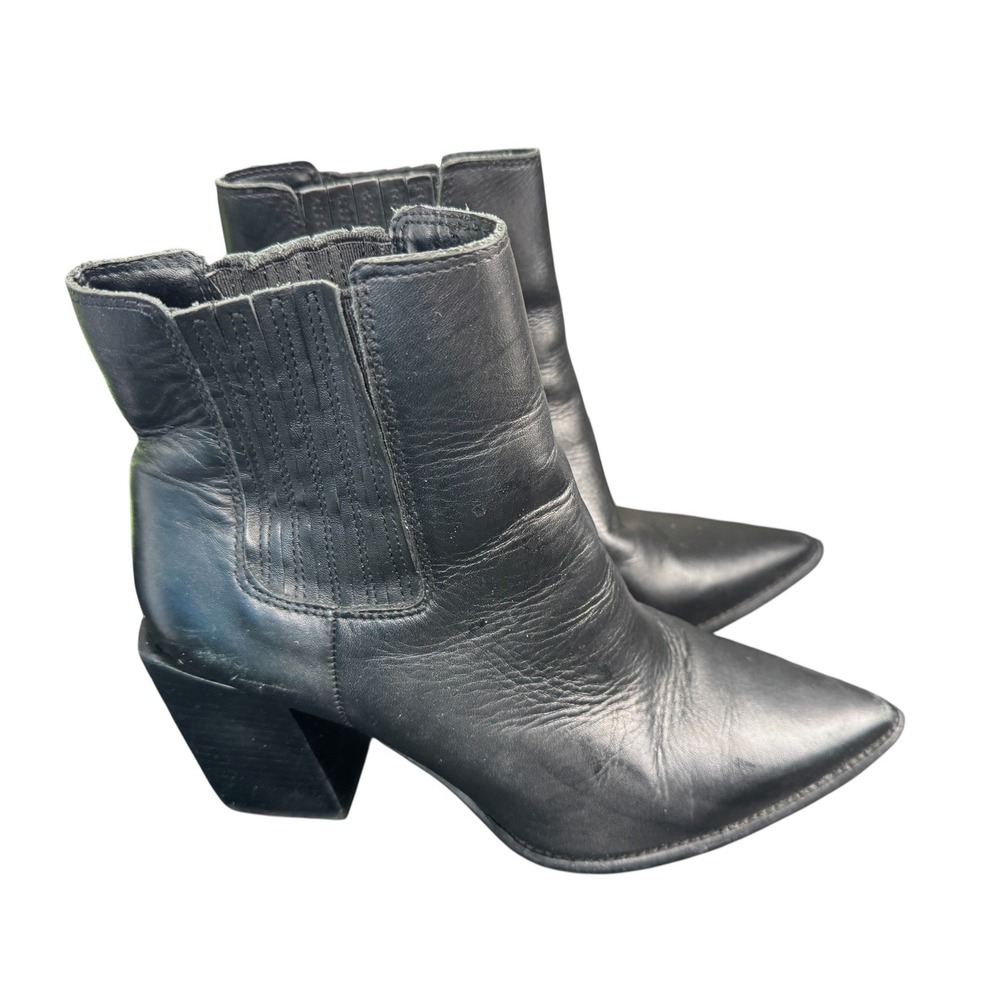 Steve Madden Acton‎ Black Leather Pointed Toe Ankle Boots 7.5M Block Heel